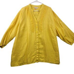 JM Collection Butter Yellow Linen Button-Up Embroidered Details Plus Size 22W